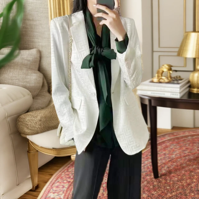 【单上衣】长袖时尚休闲气质百搭白色醋酸提花修身款平驳领女款西装