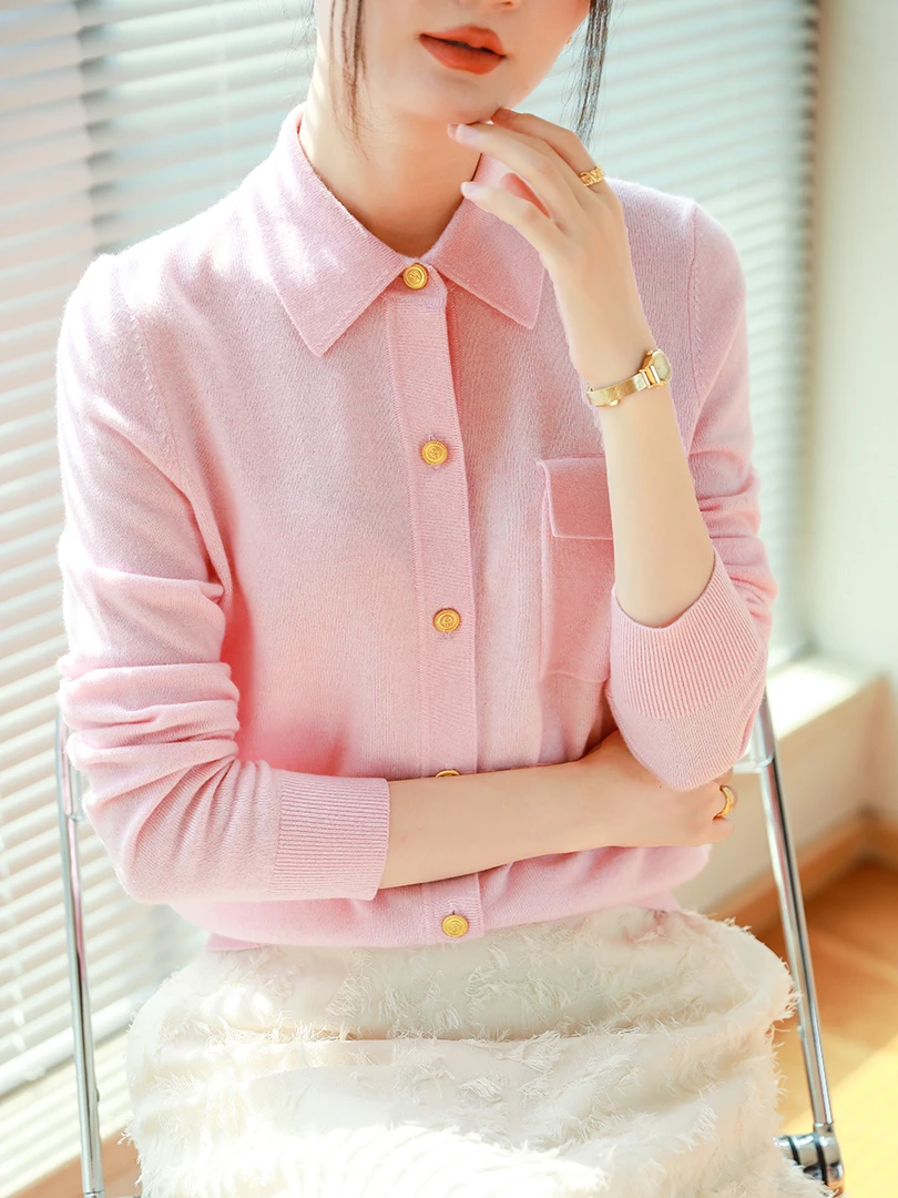 年秋冬羊绒羊毛混纺毛针织衫女新款POLO领百搭显瘦开衫毛衣