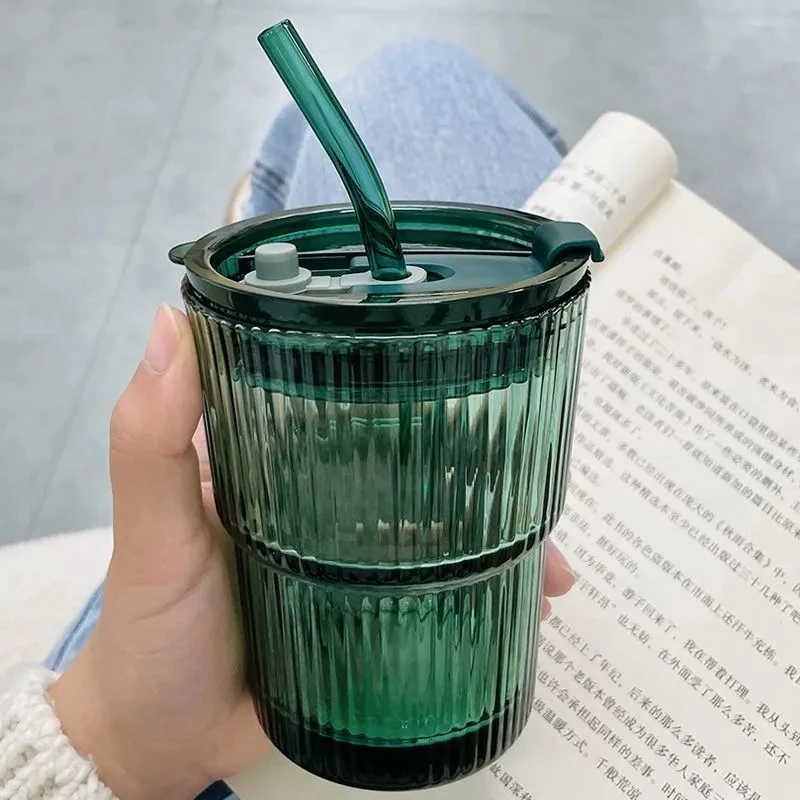 网红学生用喝水杯上班用透明专用带盖吸管杯复古竖纹咖啡杯