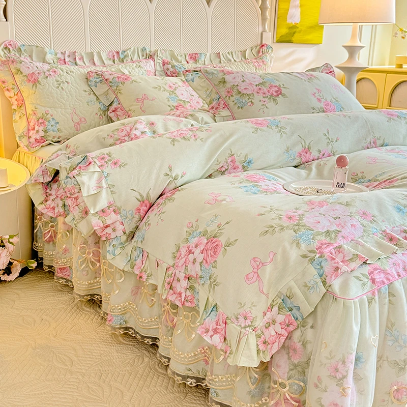 四季通用 全棉印花公主风夹棉床裙四件套 刺绣蕾丝花边床裙三件套