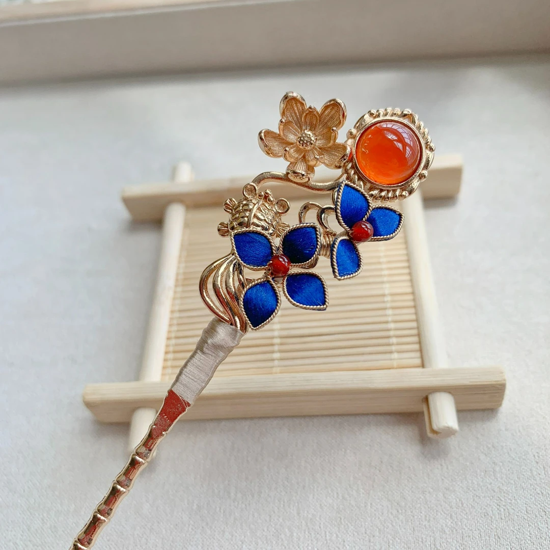 手工掐丝绒花工艺发簪复古简约簪发古风簪子汉服配饰民族风国风