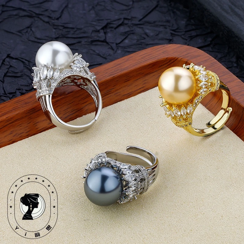 合金合成锆石戒指 时尚豪镶气质款镶嵌14mm珠珠女王满钻活口戒指