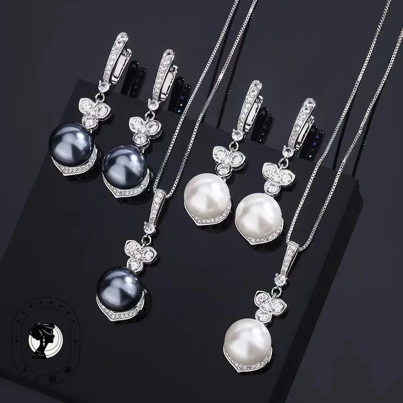 链子925银合成锆石 【甄选】简约轻奢百搭款镶嵌12mm珠珠饰品套装