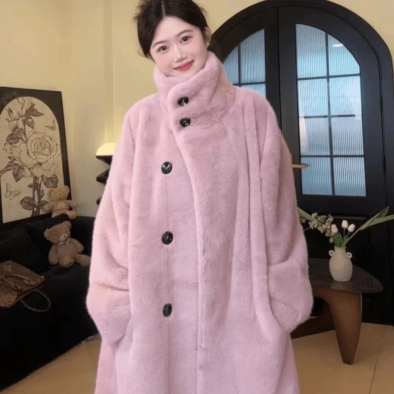 立领翻领两穿2024冬季时尚网红环保设计师毛毛气质宽松百搭大衣