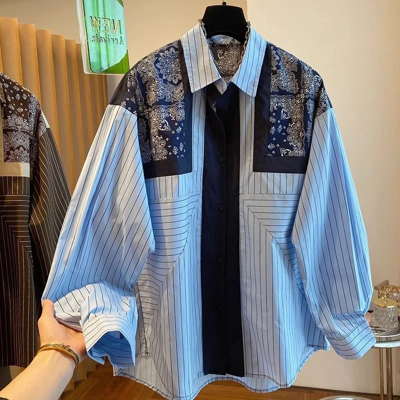 2025新款高级感宽松休闲复古民族风印花蓝色条纹长袖衬衫女春秋装