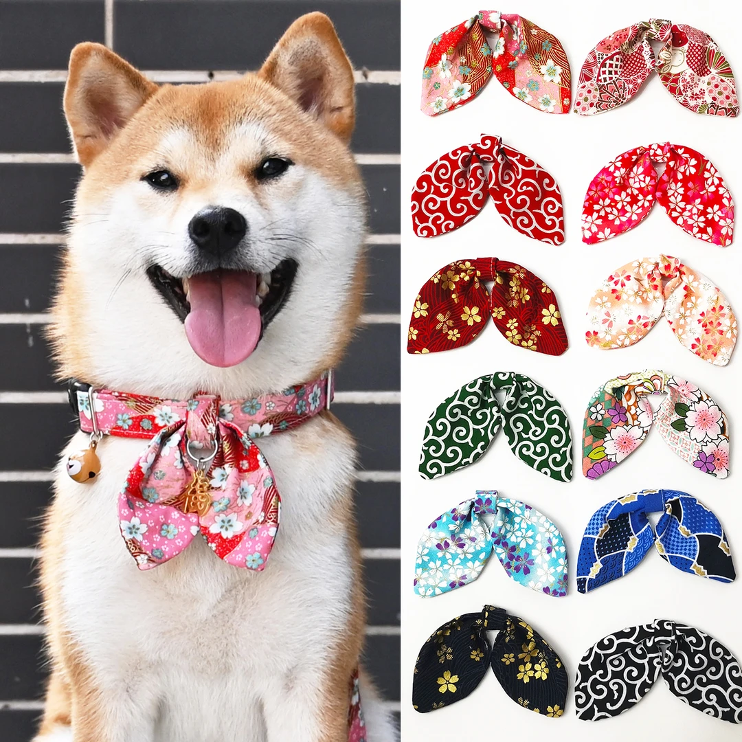 宠物狗狗泰迪柯基柴犬项圈 唐草纹和风福字结领结颈圈遛狗牵引绳