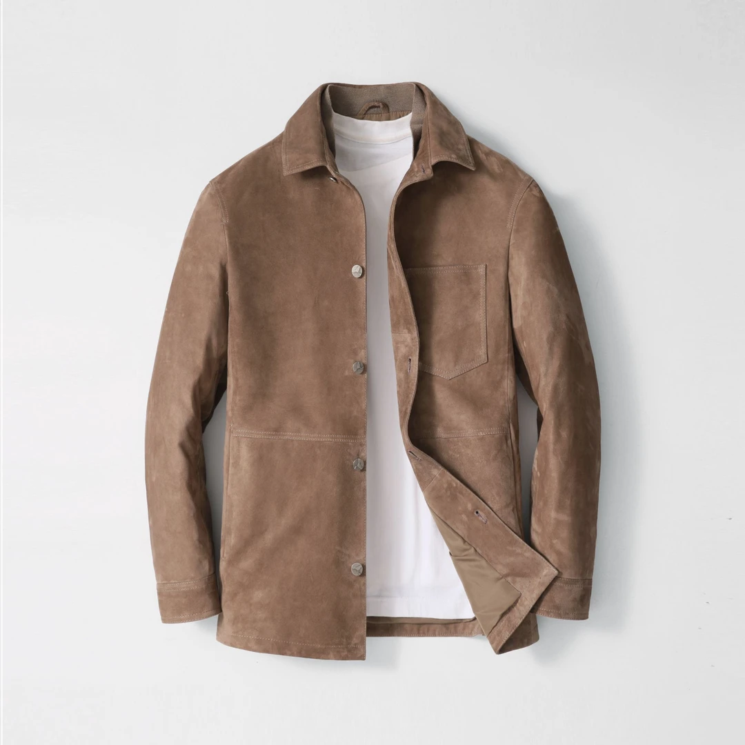 山羊反绒皮时尚百搭休闲秋冬新品衬衫款简约男士皮衣