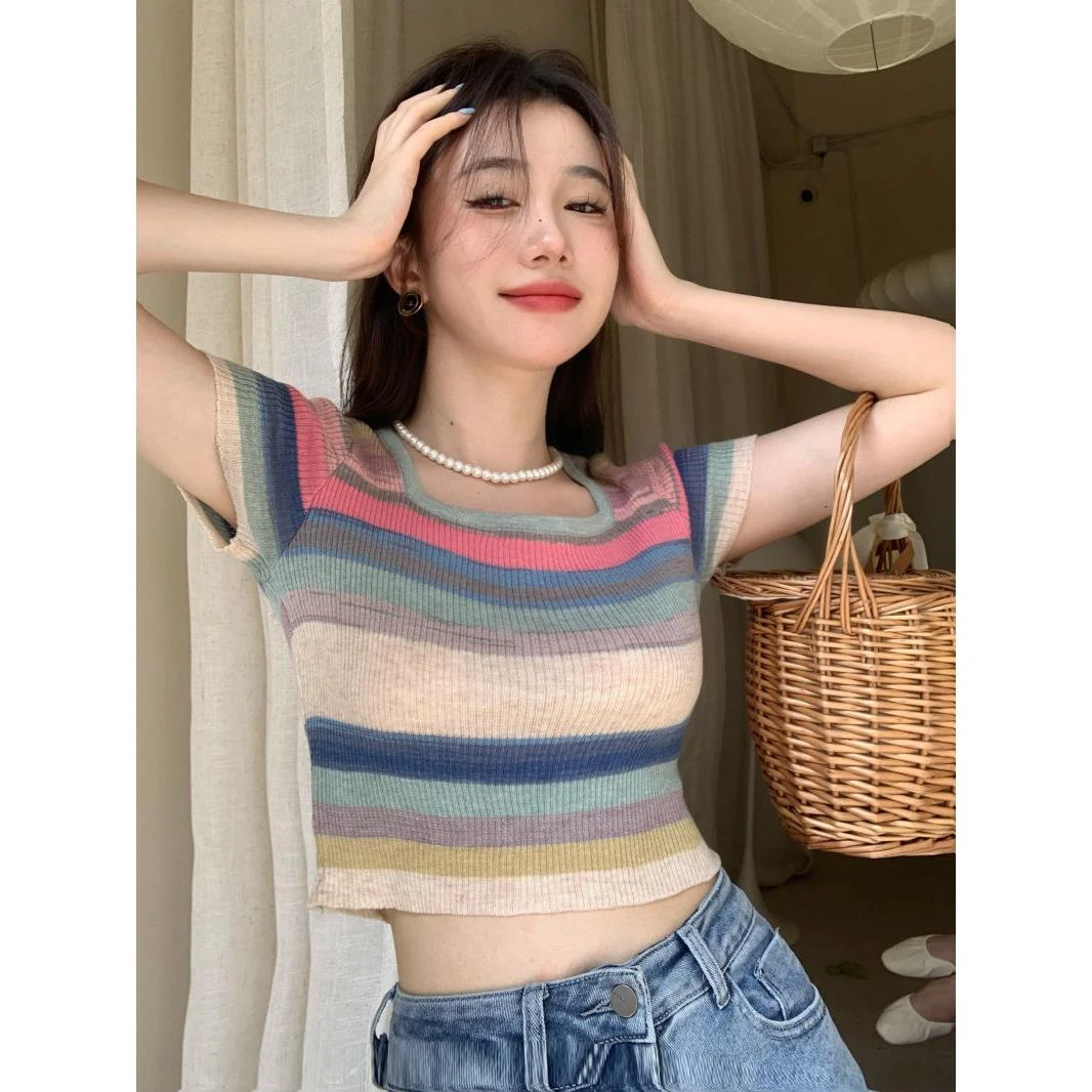 大码胖妹妹条纹针织T恤女夏季甜辣妹方领漏锁骨修身显瘦短袖上衣