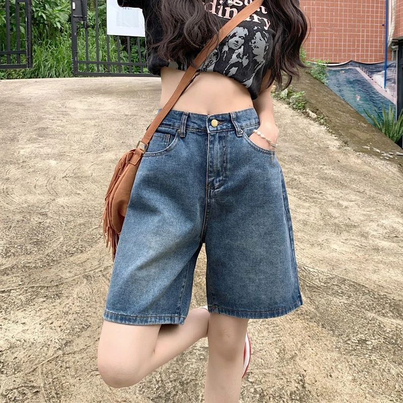 复古牛仔短裤女宽松夏季2023新款高腰直筒五分裤显瘦百搭阔腿中裤