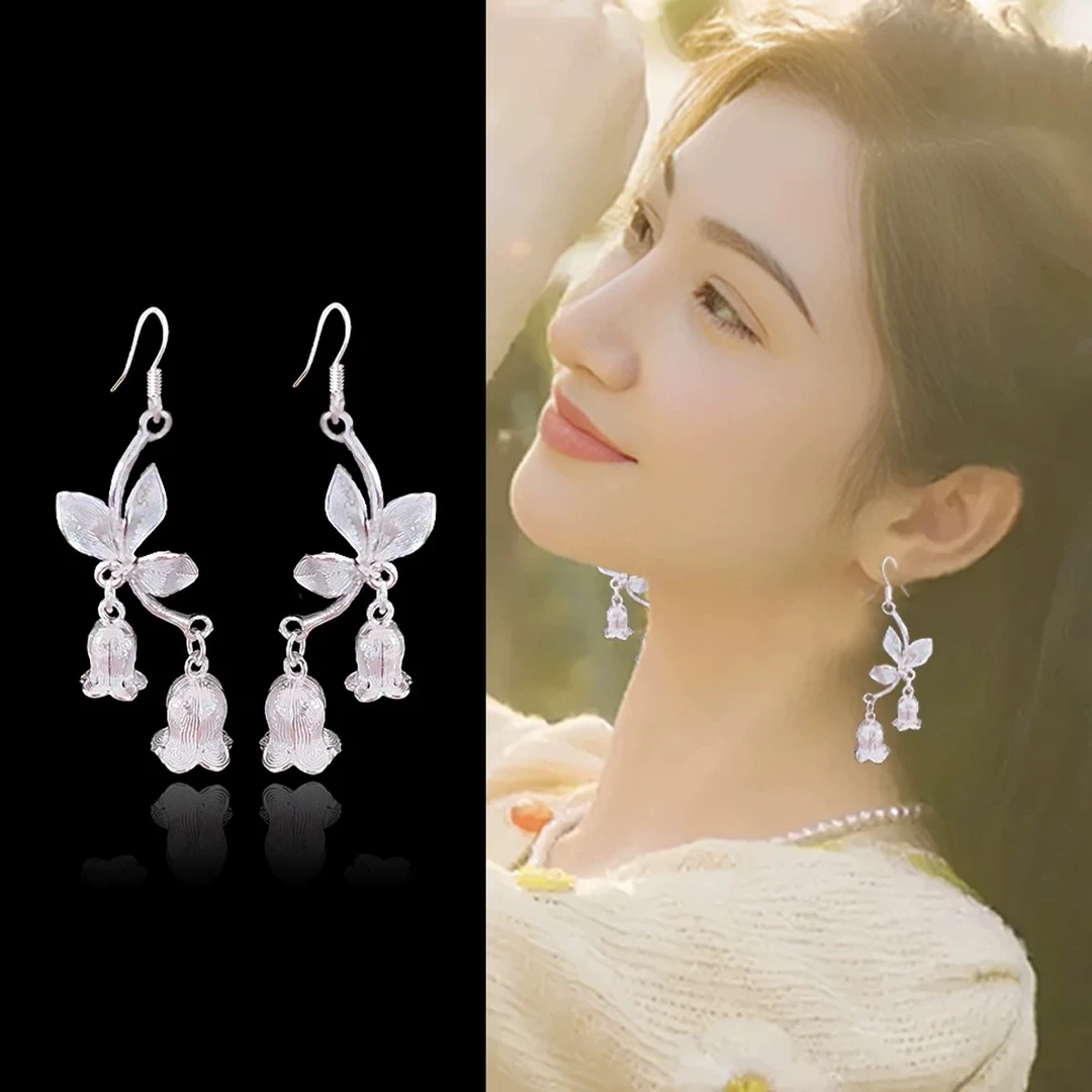 足银耳饰 足银花丝铃兰花耳饰 气质百搭仙女甜美简约复古长款纯银