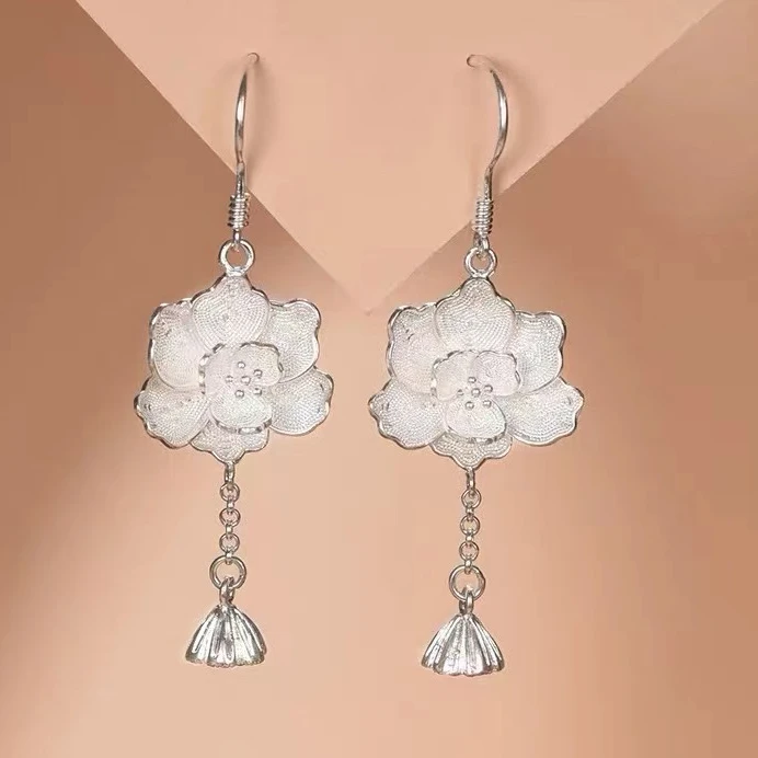 足银耳饰 足银莲花莲蓬流苏耳钩 气质复古国风简约民族风百搭精美