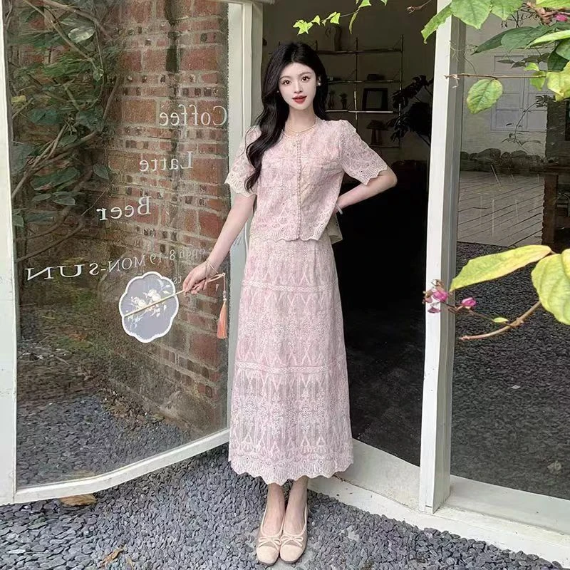 法式小香风镂空蕾丝女装连衣裙时尚显瘦套装裙24106款