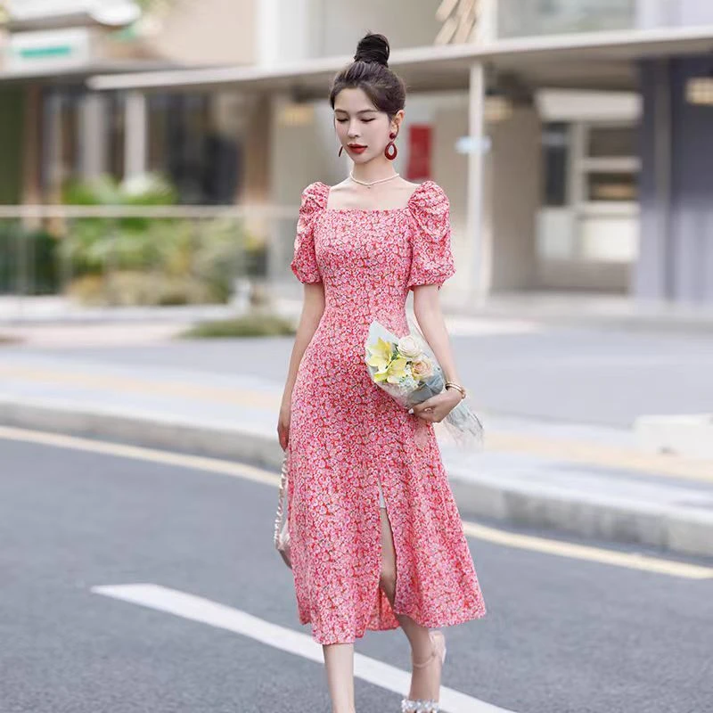法式连衣裙温柔风少淑版碎花连衣裙女23052款