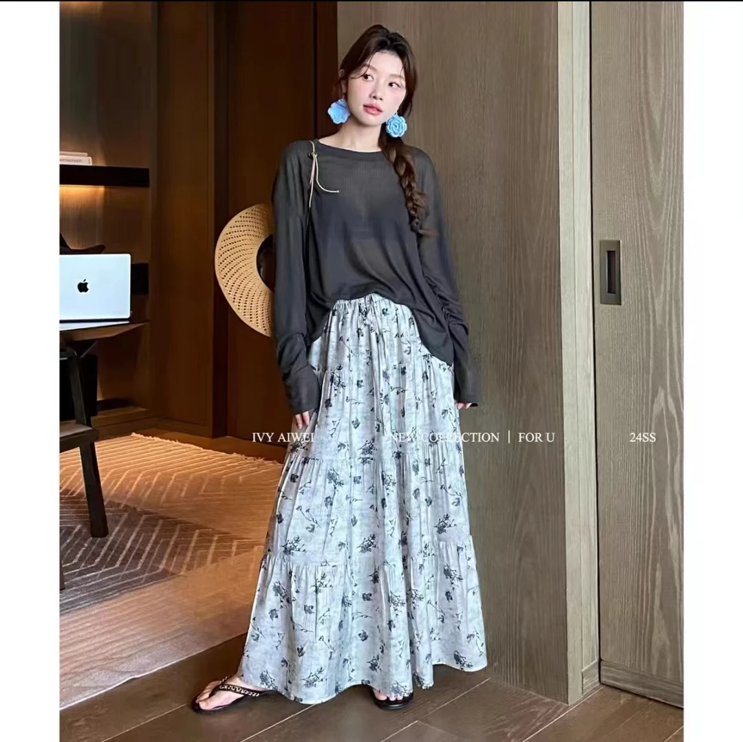 慵懒风复古时尚冰丝微透时尚套装裙女C19款(衣服+裙子)