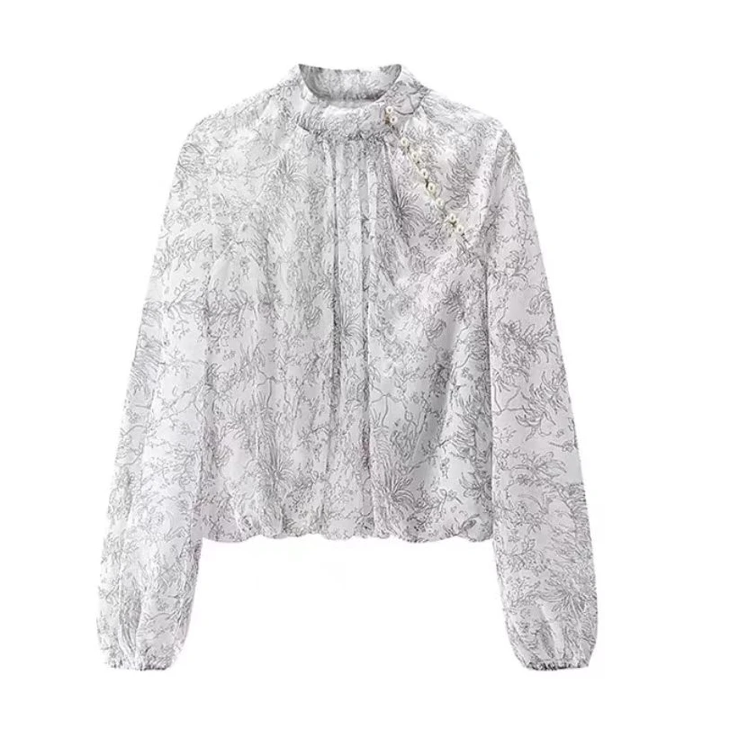 2024春秋新款时尚百搭设计感碎花钉珠立领雪纺长袖衬衫女士CS2077