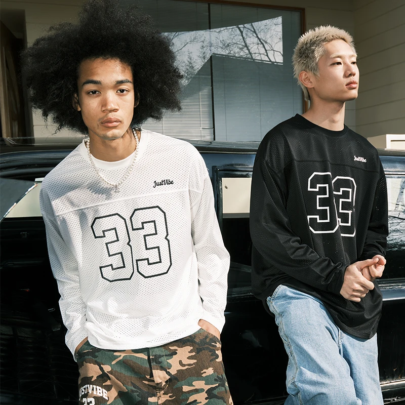 JUST VIBE 美式街头网眼透气冰球服户外运动休闲长袖T恤飞盘服男