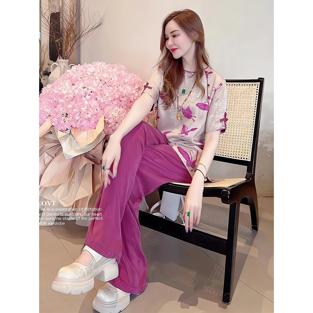 新中式套装2025夏季新款紫色休闲刺绣短袖T恤搭配阔腿裤两件套女