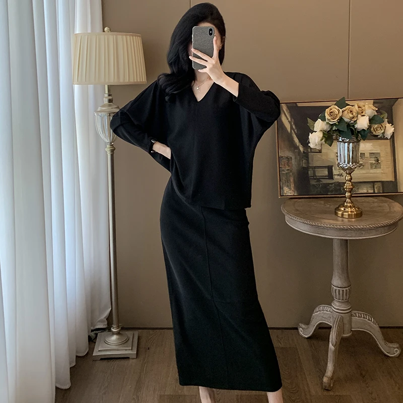 慵懒松弛感休闲时尚套装女秋季宽松韩版长袖上衣开叉半身裙两件套