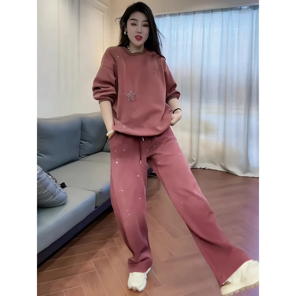 直筒休闲裤流行时尚运动套装春季圆领宽松套头显瘦卫衣两件套女装