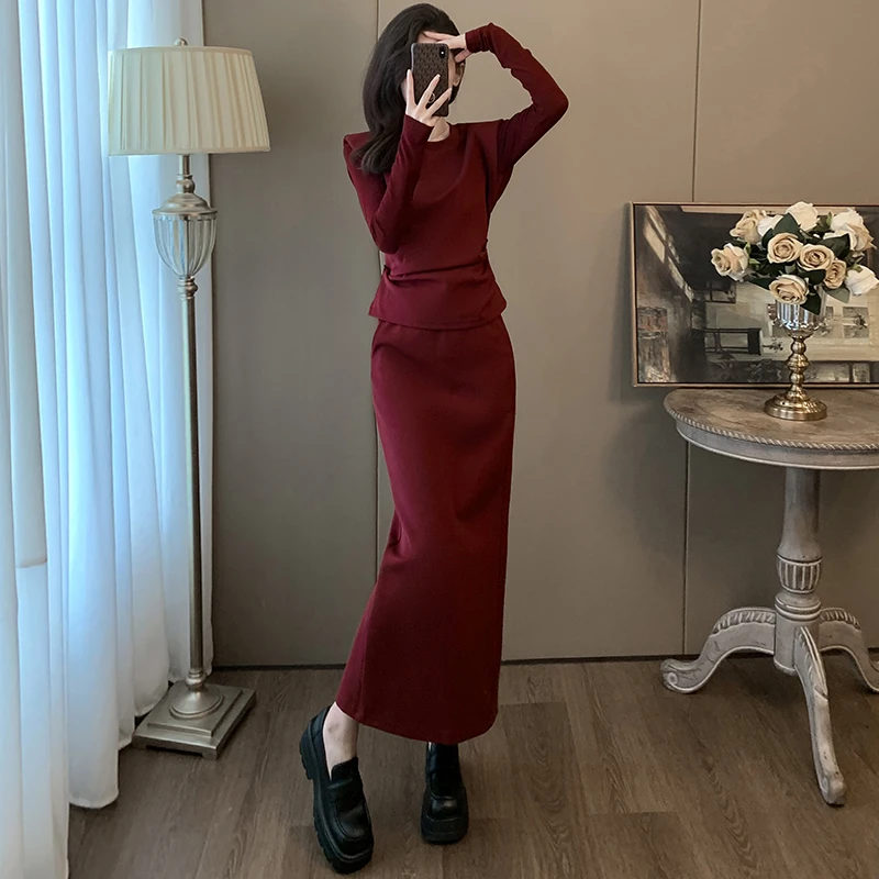 干练气质时尚套装女2025年秋冬洋气红色长袖上衣包臀半身裙两件套