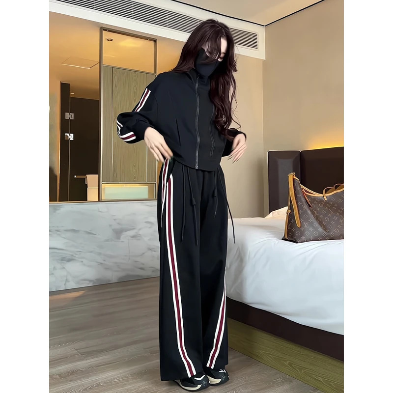 街头高级感潮流时尚套装女秋季新款大码宽松上衣条纹阔腿裤两件套