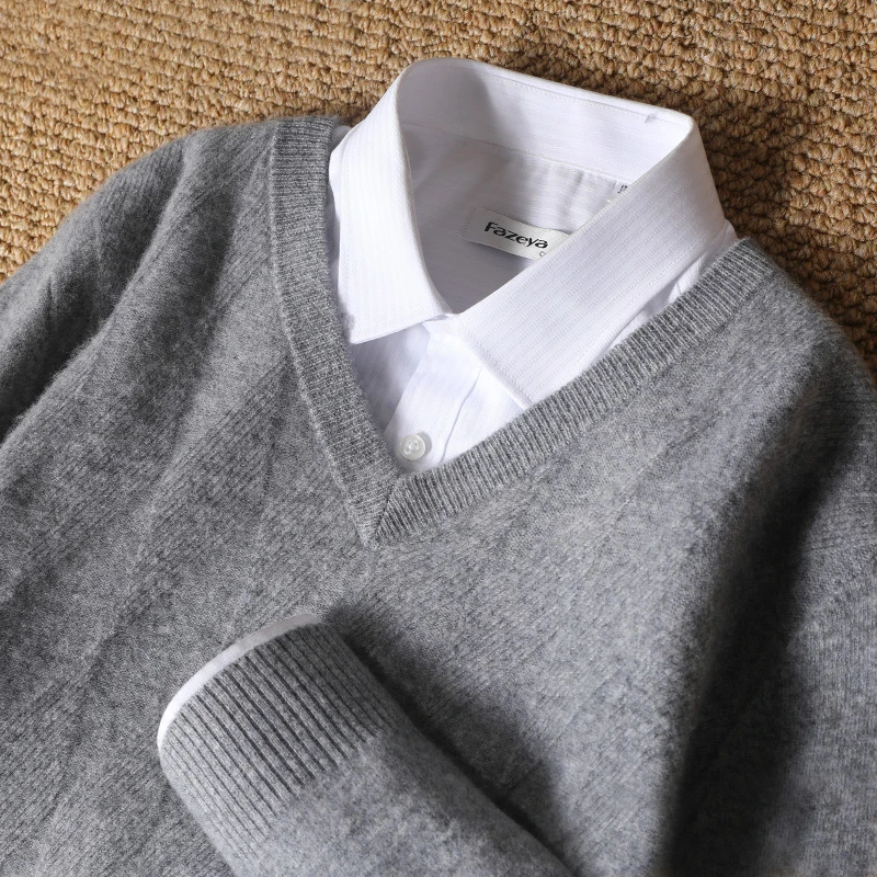 高端秋冬100羊毛衫男士V领加厚套头毛衣商务休闲羊毛针织衫打底