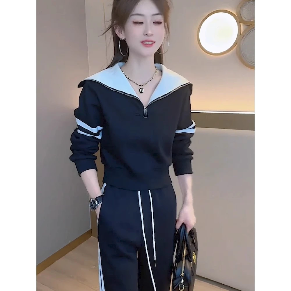 休闲运动装女2024春秋新款爆款洋气翻领显瘦长袖减龄卫衣两件套女