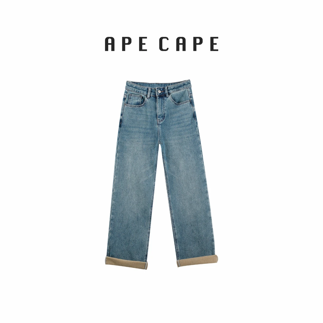 APE CAPE【中古牛仔】万向弹直筒浅蓝色加厚加绒牛仔裤显瘦牛仔裤女