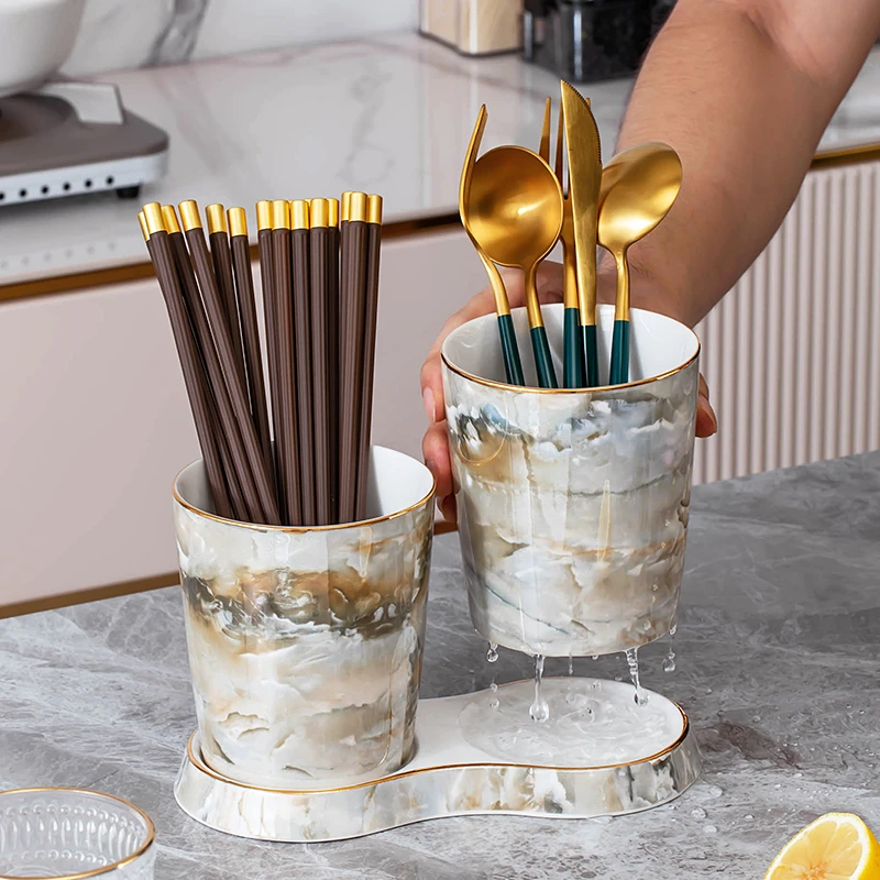 轻奢北欧筷篓陶瓷筷子筒家用沥水筷笼刀叉勺子收纳盒桶厨房置物架