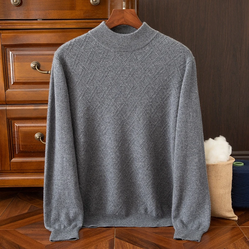 新款男士菱形双层半高领100%山羊绒衫时尚百搭保暖纯羊绒针织毛衣