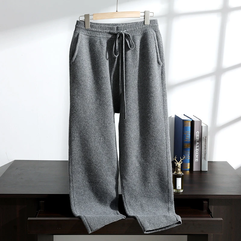 秋冬男士四平加厚100%山羊绒萝卜裤运动休闲纯羊绒针织小脚裤卫裤