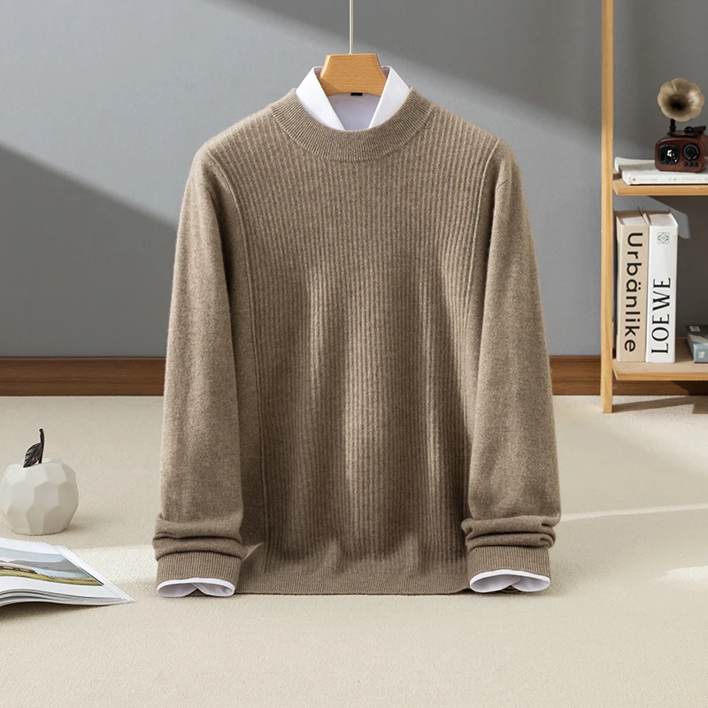 秋冬男士竖条圆领100%山羊绒衫休闲时尚纯羊绒针织毛衣新款打底衫