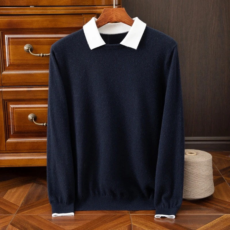 春秋新款男士Polo领100%山羊绒衫休闲商务衬衣领纯羊绒毛衣针织衫