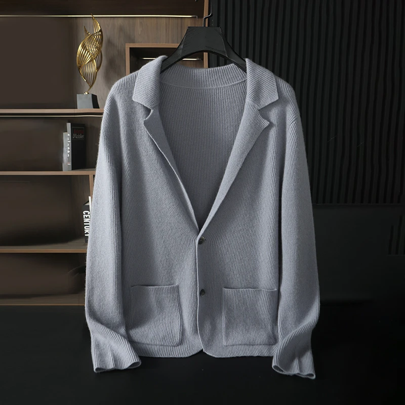 男士元宝针西装领100%山羊绒西服秋冬休闲商务加厚纯羊绒针织外套