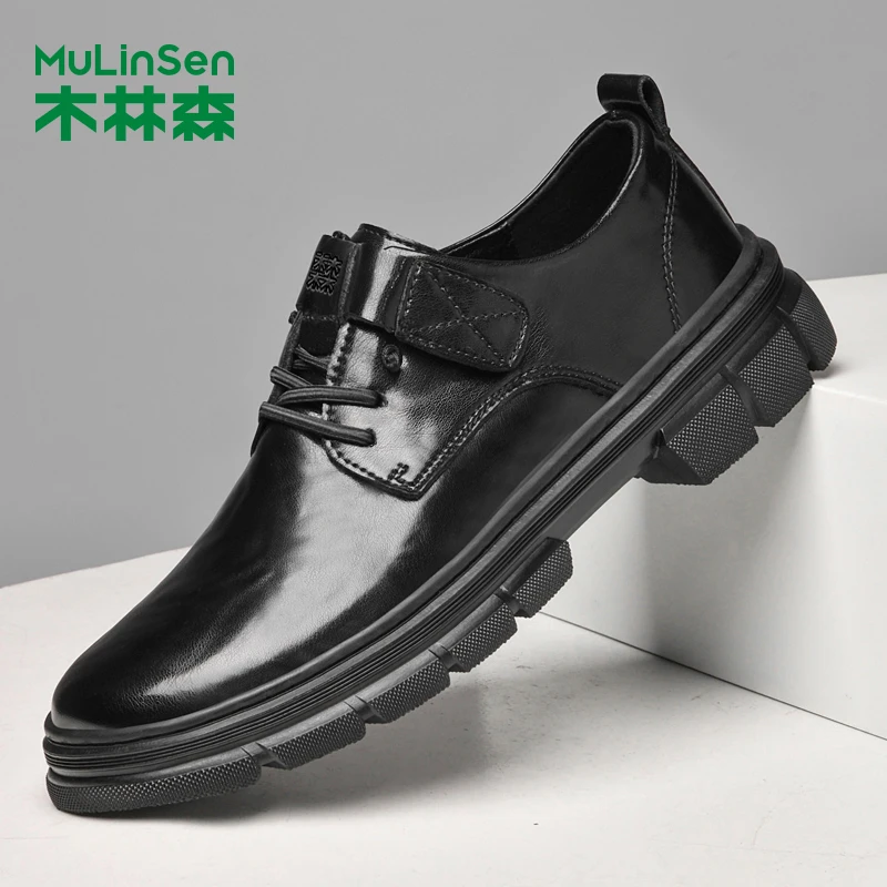 木林森新款男士休闲皮鞋时尚百搭透气黑色软底商务男士皮鞋系带