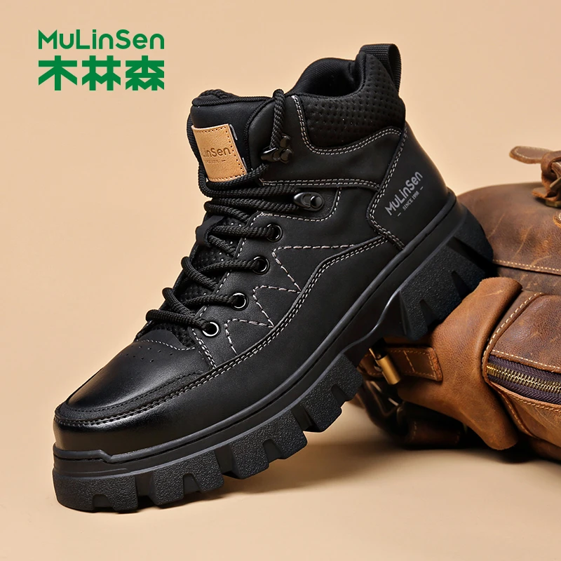 木林森2025男士休闲马丁靴时尚百搭真皮户外潮流厚底马丁靴