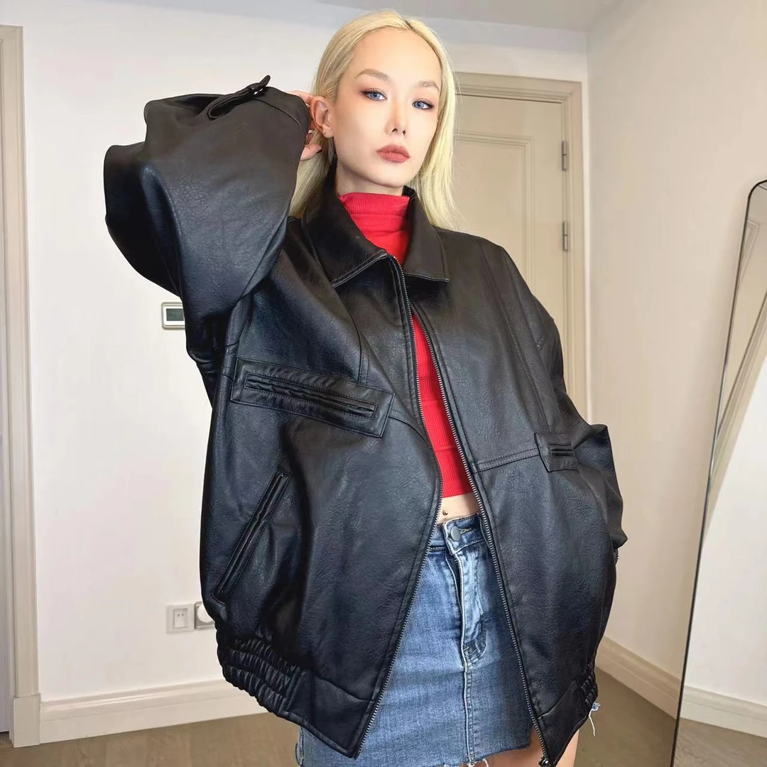 春秋外套欧美街拍美式复古廓形设计感翻领pu皮衣夹克上衣8417