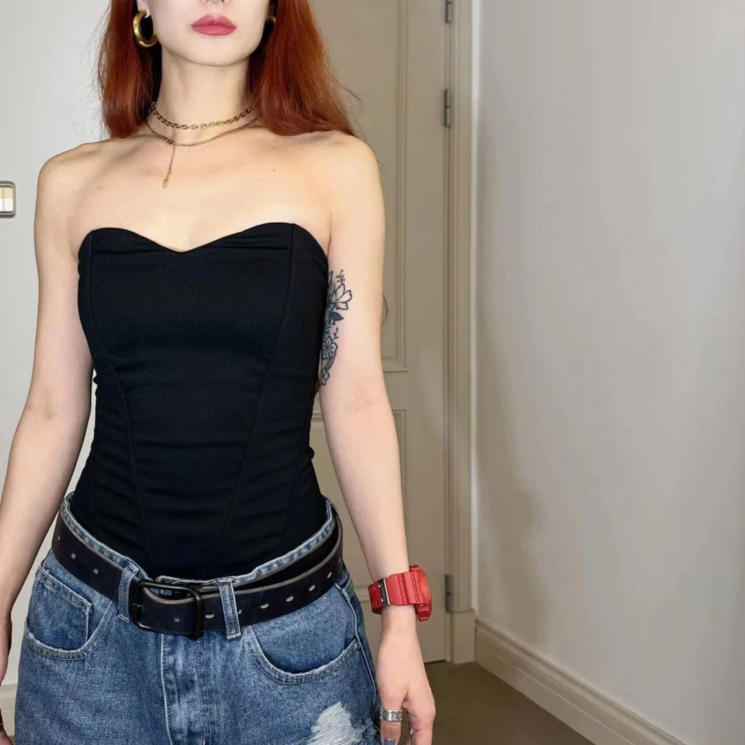 欧美INS辣妹立体剪裁显瘦鱼骨性感束身抹胸裹胸修身露肩上衣17820