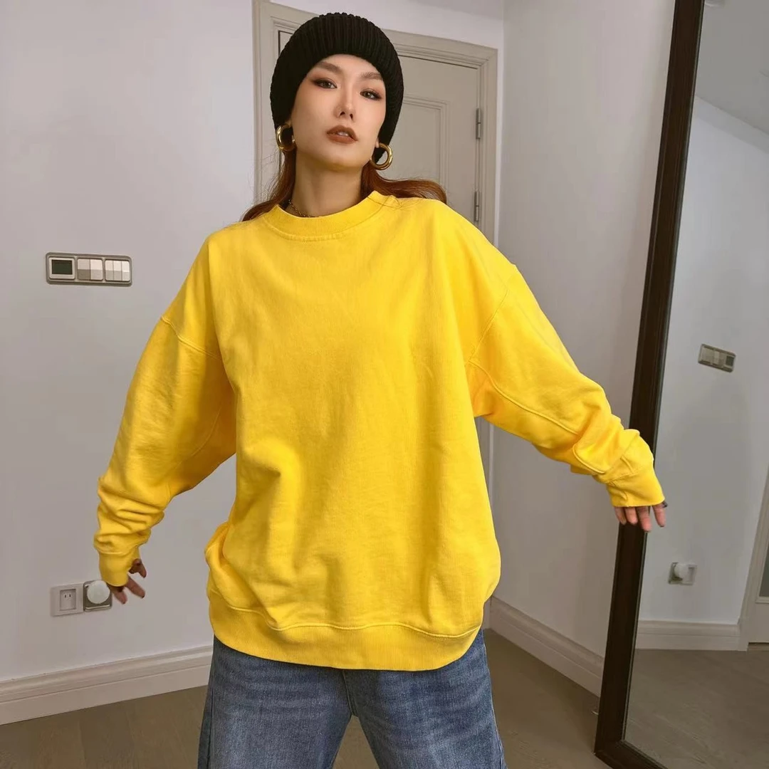 男女同款450G重磅棉碧纹染水洗做旧宽松圆领套头卫衣四色H01