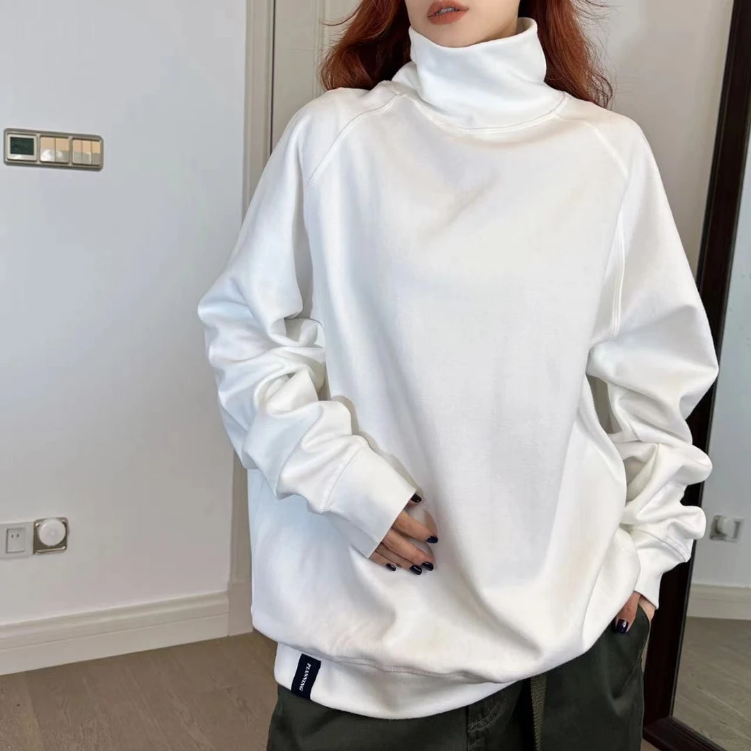 男女款美式复古宽松百搭纯色套头插肩袖高领可打底薄卫衣四色P15