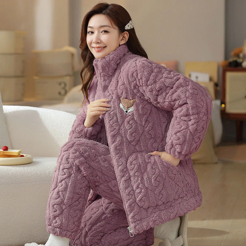 睡衣女冬季加厚加绒三层夹棉袄冬天超厚珊瑚绒保暖拉链家居服套装