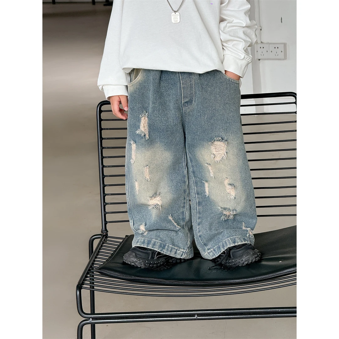 in 爱：mp24男童秋季做旧破洞牛仔裤韩版儿童复古宽松牛仔长裤6521