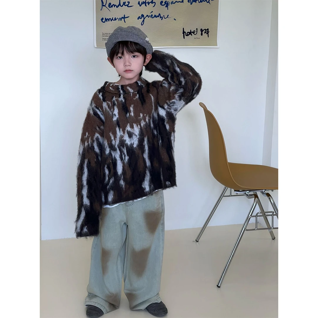 in 爱：nl24秋儿童复古迷彩毛衣男童潮酷宽松豹纹毛衣洋气90096