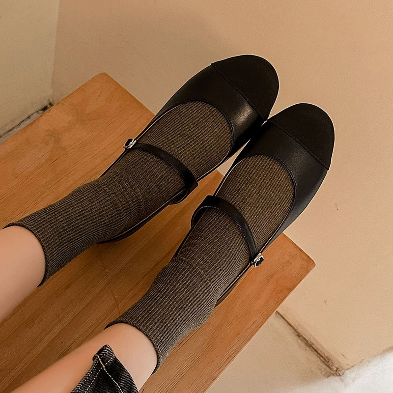 2024春季新款甜美风圆头玛丽珍单鞋女羊皮拼色橡胶底平底百搭时尚