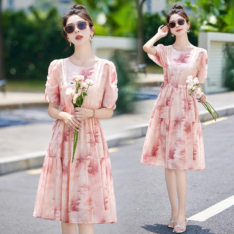 时尚收腰女装连衣裙中长款气质夏季洋气印花显瘦韩版遮肚潮流裙子