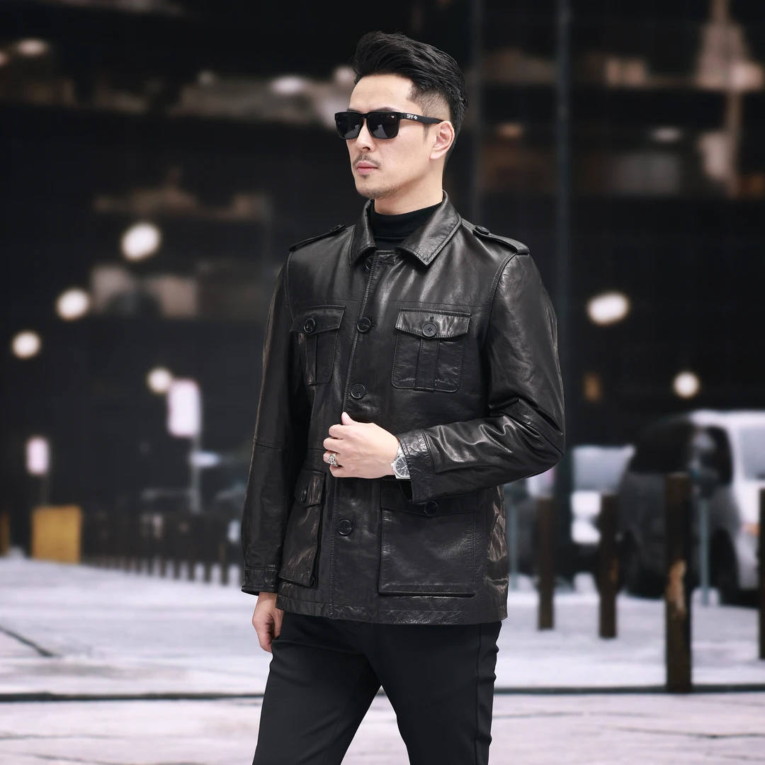 皮尔沃2024冬新款头层牛皮真皮皮衣夹克猎装男中长款男士