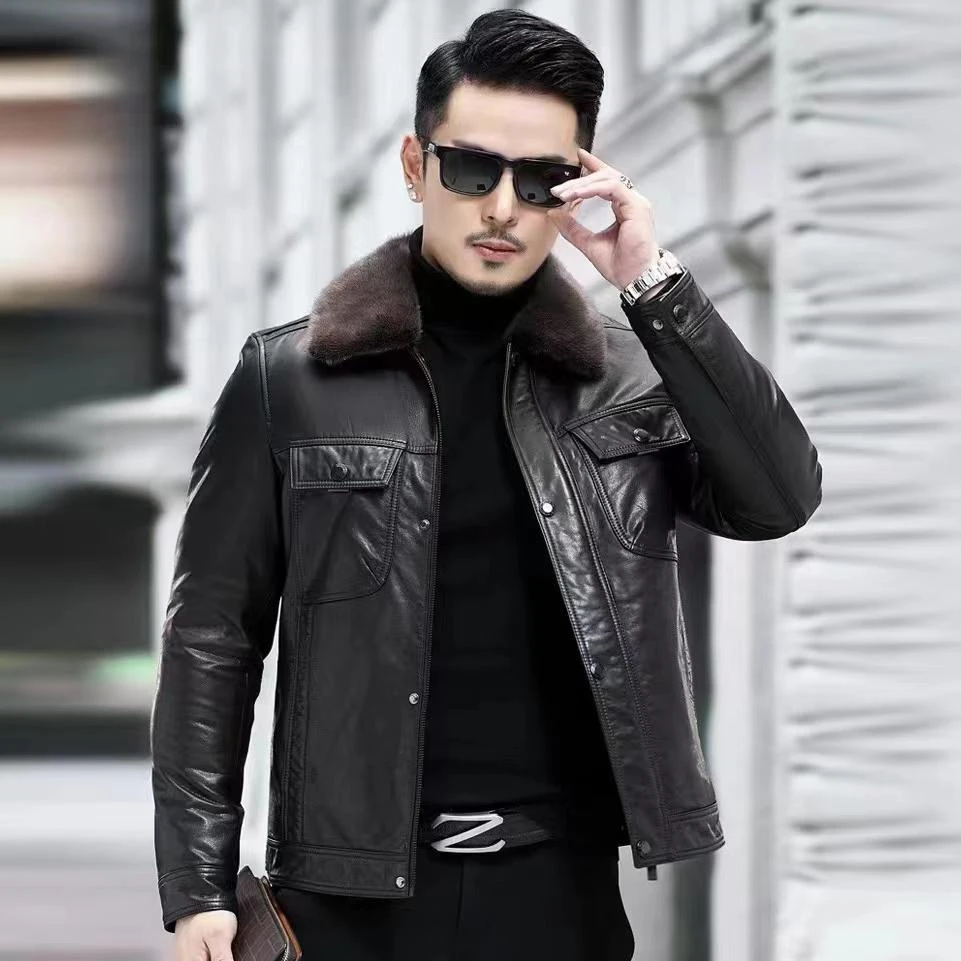 皮尔沃男款真皮2024新款皮衣水貂领羽绒服秋冬修身外套短款翻领男