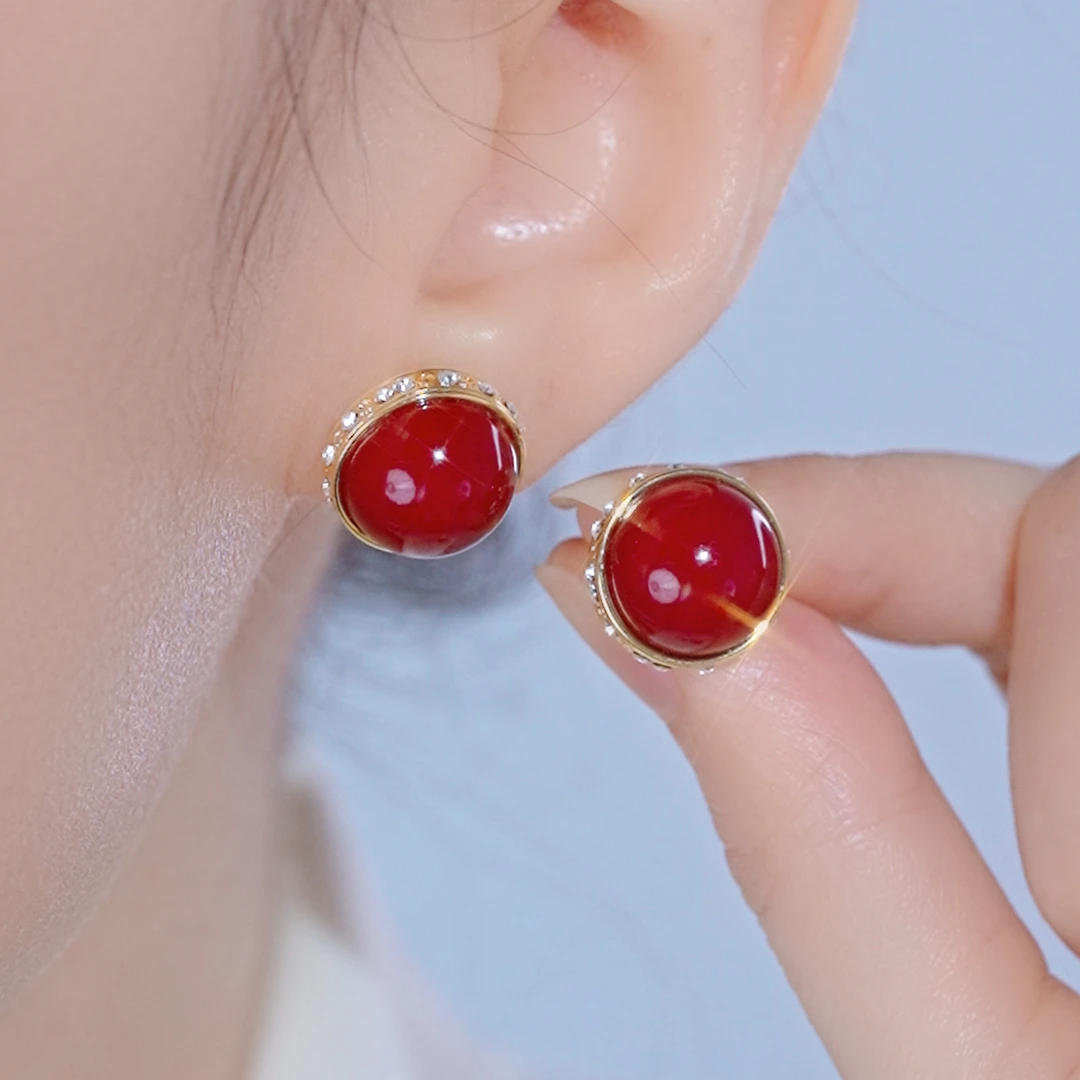 铜合金耳饰 1517红色珠珠镶钻高级感秋冬轻奢小众气质耳环