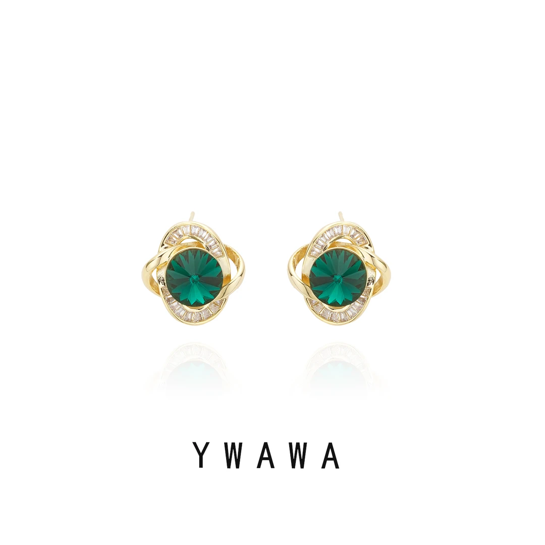 铜合金耳饰 精致璀璨夺目气质时尚耳环小众耳钉镶嵌轻奢镶钻绿色