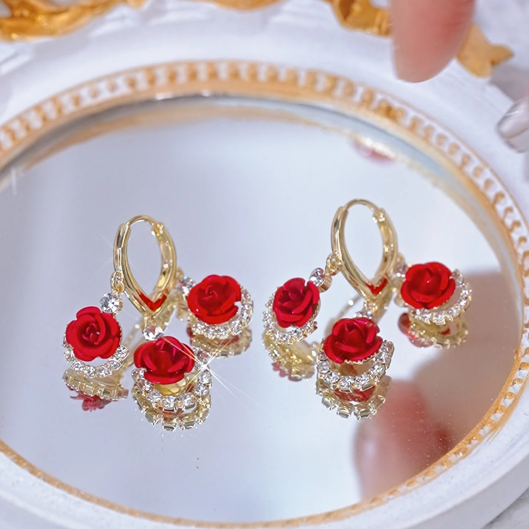 铜合金耳饰 1524花开花落精致优雅轻奢红色耳扣
